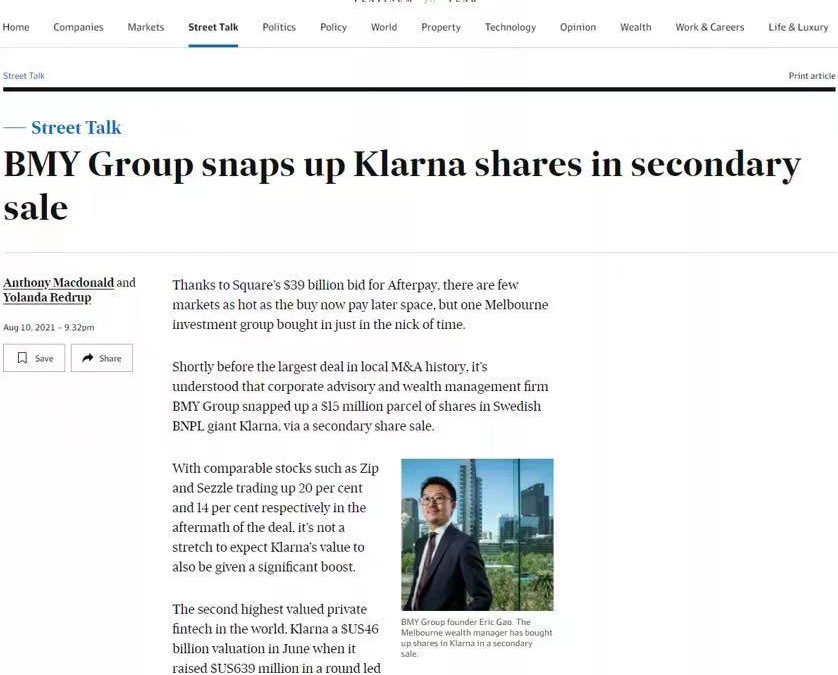 BMY Group snaps up Klarna shares in secondary sale