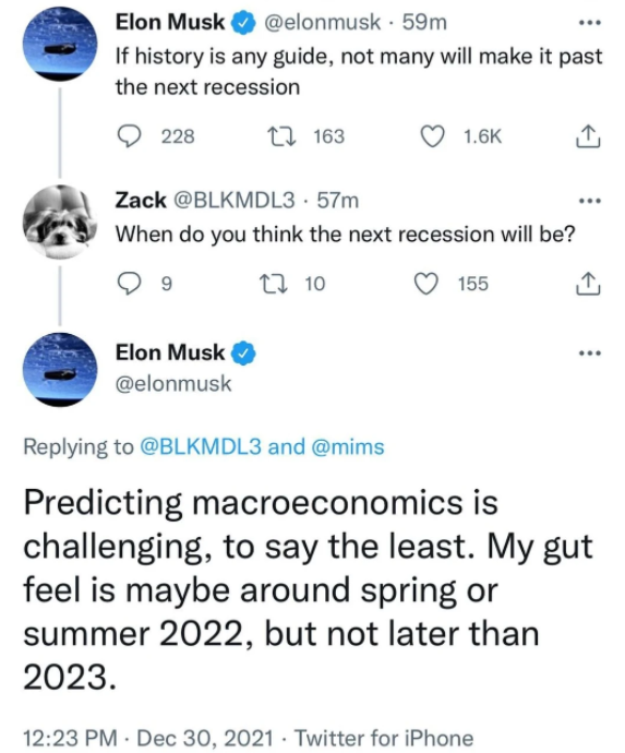 马斯克在Twitter发布了对于经济衰退的预测