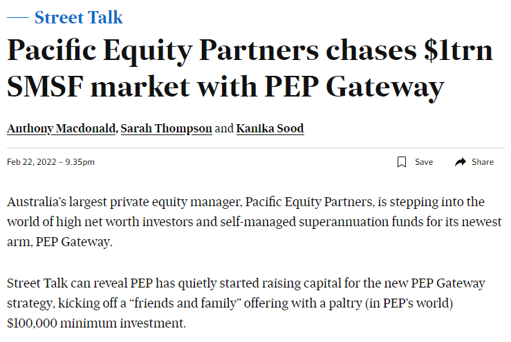 《澳大利亚金融评论报（AFR）》报道，PEP也在为其新的零售/高净值策略基金PEP Gateway筹集资金