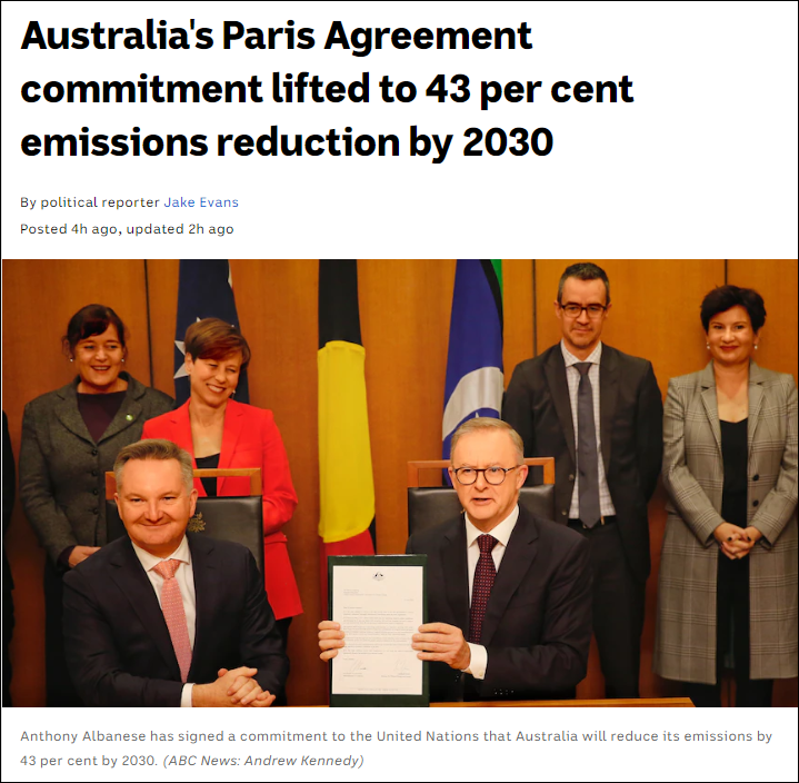 澳大利亚新政府正式签署了联合国《巴黎协定》(Paris Agreement)下的最新气候承诺