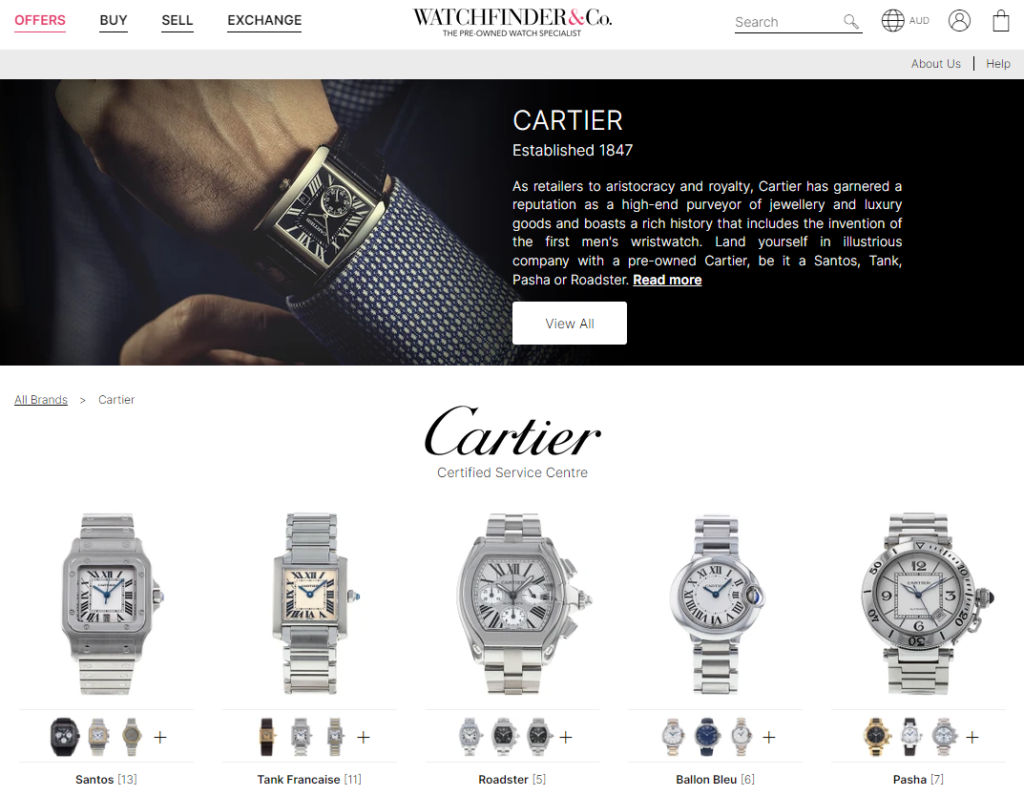 Watchfinder网站目前卡地亚的页面
